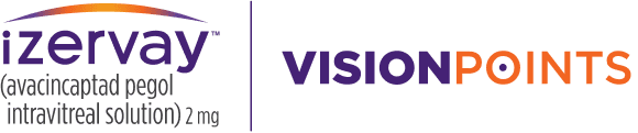 Izervay Vision Points Logo showing IZERVAY VisionPoints is a free educational program for people beginning treatment with IZERVAY.