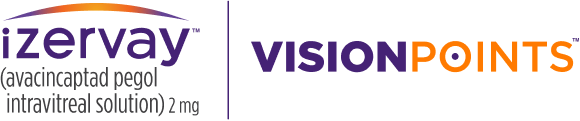 Izervay Vision Points Logo showing IZERVAY VisionPoints is a free educational program for people beginning treatment with IZERVAY.